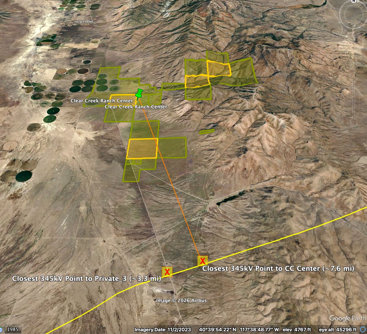 Clear Creek Ranch KMZ — Google Earth satellite view showing 14 private parcels with 345kV Tracy-Valmy transmission line 3.26 miles from closest parcel